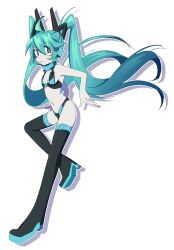 1girl absurdres aqua_hair artist_name bikini boots breasts cleavage colored_skin commentary evilfrap full_body grey_eyes grey_skin hatsune_miku high_heel_boots high_heels highres long_hair navel profile signature small_breasts solo swimsuit thigh_boots twintails v-shaped_eyebrows very_long_hair vocaloid