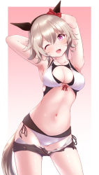 Rule 34 | 1girl, :d, absurdres, armpits, arms behind head, arms up, black shorts, blush, border, bow, breasts, cleavage, clothes pull, collarbone, commentary request, cowboy shot, curren chan (umamusume), gradient background, hair between eyes, hair bow, head tilt, highres, horse girl, horse tail, large breasts, looking at viewer, navel, one eye closed, open mouth, outside border, partial commentary, pink background, purple eyes, red bow, short hair, short shorts, shorts, shorts pull, silver hair, simple background, smile, solo, standing, stomach, swimsuit, tail, tetori (tetolisto), thighs, umamusume, white border