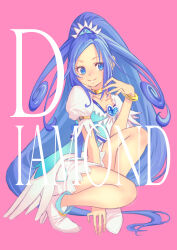 Rule 34 | 1girl, ankle boots, blue dress, blue eyes, blue hair, blue headwear, boots, bracelet, character name, closed mouth, commentary, cure diamond, dokidoki! precure, dress, foreground text, frilled sleeves, frills, full body, heart, hishikawa rikka, jewelry, jj (ssspulse), long hair, looking at viewer, magical girl, neck ring, pink background, ponytail, precure, puffy short sleeves, puffy sleeves, short dress, short sleeves, smile, solo, squatting, tiara, two side up, very long hair, white footwear