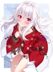 Rule 34 | 1girl, blush, border, cable knit, clara (honkai: star rail), coat, collarbone, commentary, cowboy shot, from above, hair between eyes, hair intakes, hand up, highres, honkai: star rail, honkai (series), hood, hooded coat, long hair, long sleeves, looking at viewer, o-ring, o-ring thigh strap, open mouth, outside border, parted lips, red coat, red eyes, shuuichi (gothics), sitting, solo, thigh strap, white border, white hair
