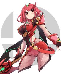 Rule 34 | 1girl, black gloves, blush, bob cut, breasts, brown eyes, chest jewel, closed mouth, earrings, fingerless gloves, gloves, highres, jewelry, large breasts, leggings under shorts, looking at viewer, pantyhose, pyra (xenoblade), red hair, short hair, short shorts, shorts, smile, solo, super smash bros. logo, swept bangs, thighhighs, xenoblade chronicles (series), xenoblade chronicles 2, yachima tana