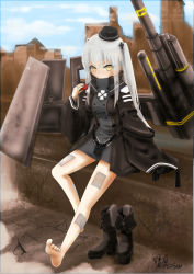 Rule 34 | 88 flak (ash arms), ash arms, bare legs, bare shoulders, boots, unworn boots, commentary request, day, full body, gloves, grey hair, hair ornament, hat, highres, leaning on object, long hair, long sleeves, military hat, qingfeng (clashu), ruins, signature, sky, yellow eyes