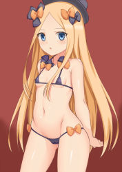 Rule 34 | 1girl, abigail williams (fate), bare arms, bare shoulders, bikini, black bikini, black bow, black thighhighs, blonde hair, blue eyes, blush, bow, breasts, cleft of venus, fate/grand order, fate (series), hair bow, long hair, looking at viewer, micro bikini, navel, open mouth, orange bow, small breasts, solo, standing, stomach, swimsuit, thighhighs, toshishikisai, very long hair