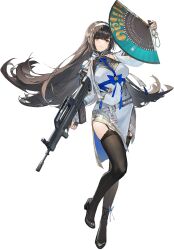 1girl assault_rifle black_footwear black_hair black_thighhighs breasts bullpup china_dress chinese_clothes closed_mouth dress floating_hair full_body garter_straps girls&#039;_frontline girls&#039;_frontline_2:_exilium gun hairband hand_fan high_heels highres holding holding_fan holding_gun holding_weapon large_breasts long_hair long_sleeves official_art qbz-95 rifle smile solo thighhighs transparent_background type_95_(girls&#039;_frontline) very_long_hair weapon white_dress white_hairband