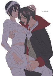 Rule 34 | 13nohuyu, 1boy, 1girl, abs, ascot, bandaged arm, bandaged chest, bandaged head, bandaged leg, bandages, black hair, black jacket, black pants, breasts, brown hair, cleavage, couple, eren yeager, fangs, green eyes, grey eyes, grey vest, hair between eyes, halloween, halloween costume, hand on another&#039;s head, hand on another&#039;s thigh, hetero, highres, jacket, looking at viewer, medium breasts, mikasa ackerman, multicolored clothes, multicolored jacket, mummy costume, open mouth, pants, parted bangs, parted lips, red jacket, shingeki no kyojin, shirt, short hair, sideboob, twitter username, two-tone jacket, underboob, vampire, vest, waistcoat, white ascot, white background, white shirt