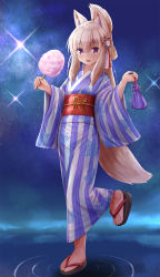 Rule 34 | 1girl, :d, animal ears, black footwear, commentary request, cotton candy, folded ponytail, food, fox ears, fox girl, fox tail, full body, hair between eyes, highres, holding, holding food, iroha (iroha matsurika), japanese clothes, kimono, koyoi (iroha (iroha matsurika)), light brown hair, long hair, long sleeves, looking at viewer, obi, open mouth, original, purple eyes, ripples, sandals, sash, smile, solo, standing, standing on one leg, striped clothes, striped kimono, tail, vertical-striped clothes, vertical-striped kimono, water, white kimono, wide sleeves, yukata, zouri