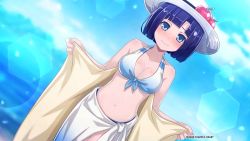 Rule 34 | 1girl, bikini, blue eyes, blue hair, blunt bangs, blush, front-tie bikini top, front-tie top, halterneck, hat, highres, looking at viewer, mary skelter, nanameda kei, ocean, shirayuki hime (mary skelter), solo, source request, swimsuit, white hat