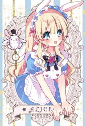 Rule 34 | 1girl, :d, alice (alice in wonderland), alice in wonderland, animal, blonde hair, blue eyes, blunt bangs, blush, border, buttons, card, character name, clothed animal, collared dress, dress, earrings, flower, frilled dress, frills, hairband, hat, heart button, highres, hinao, holding, holding pocket watch, jewelry, lolita hairband, long hair, monocle, neck ribbon, open mouth, picture frame, pinafore dress, playing card, pocket watch, rabbit, rabbit tail, ribbon, rose, short sleeves, sleeveless dress, smile, solo, sparkle, tail, top hat, very long hair, watch