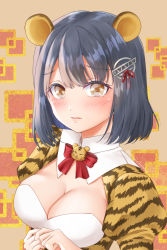 Rule 34 | 1girl, animal ears, animal print, black hair, blush, breasts, brown eyes, chinese zodiac, cleavage, detached collar, haguro (kancolle), hair between eyes, hair ornament, highres, kantai collection, lips, looking at viewer, medium breasts, medium hair, orange background, red neckwear, red ribbon, ribbon, rirurun., short hair, solo, tiger ears, tiger print, upper body, year of the tiger