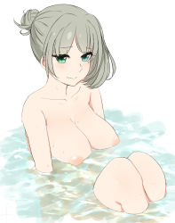 Rule 34 | 10s, 1girl, blush, breasts, collarbone, commentary request, green eyes, grey hair, hair bun, heterochromia, highres, idolmaster, idolmaster cinderella girls, large breasts, legs, looking at viewer, mole, mole under eye, nude, partially submerged, sente, short hair, simple background, single hair bun, smile, solo, sweat, takagaki kaede, water, white background