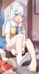 Rule 34 | 1girl, bandaid, bandaid on leg, barefoot, blue eyes, blue hair, blue nails, blush, commentary, english commentary, feet, fins, fish tail, gawr gura, gawr gura (school uniform), hair ornament, highres, hololive, hololive english, indoors, legs, long hair, looking at viewer, multicolored hair, nail polish, name tag, no shoes, one side up, open mouth, orobou, school uniform, scrunchie, shark girl, shark hair ornament, shark tail, shirt, short sleeves, single barefoot, sitting, sock pull, soles, solo, streaked hair, tail, toenail polish, toenails, toes, virtual youtuber, white hair, white shirt, white sleeves, wrist scrunchie, yellow shirt