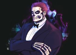 Rule 34 | 1boy, alternate costume, artist name, black bow, black jacket, bodypaint, bow, bowtie, charlotte katakuri, closed mouth, collared shirt, crossed arms, ellie mehl, fangs, fangs out, formal, halloween costume, highres, jacket, lips, looking at viewer, male focus, one piece, purple hair, red eyes, shirt, short hair, solo, suit jacket, upper body, v-shaped eyebrows, white shirt