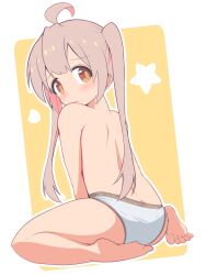 Rule 34 | 1girl, ahoge, ass, bare legs, barefoot, blush, border, brown eyes, clothes writing, commentary, copyright name, feet, from behind, frown, full body, heart, highres, long hair, looking at viewer, looking back, onii-chan wa oshimai!, outline, outside border, oyama mahiro, panties, pink hair, simple background, sitting, soles, solo, star (symbol), toes, topless, twintails, underwear, underwear only, unkimo, white border, white outline, white panties, yellow background