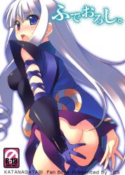 Rule 34 | 1girl, armor, ass, blue eyes, blue thighhighs, blush, breasts, clothes lift, drill hair, gloves, heterochromia, highres, katanagatari, long hair, looking back, no panties, open mouth, purple eyes, sideboob, silver hair, skirt, skirt lift, solo, sweat, takei ooki, text focus, thighhighs, thighs, togame, tongue, translation request