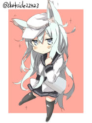 Rule 34 | 10s, 1girl, animal ears, black thighhighs, cat ears, cat tail, darkside, grey eyes, hammer and sickle, hat, hibiki (kancolle), kantai collection, kemonomimi mode, long hair, looking at viewer, silver hair, skirt, solo, star (symbol), tail, thighhighs, verniy (kancolle)