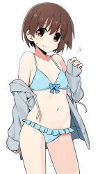 Rule 34 | 1girl, bare shoulders, bikini, blue bikini, blush, breasts, brown hair, cleavage, closed mouth, collarbone, cowboy shot, drawstring, flying sweatdrops, frilled bikini, frills, front-tie top, gluteal fold, grey jacket, groin, highres, jacket, long sleeves, looking at viewer, miyanaga saki, navel, off shoulder, open clothes, open jacket, red eyes, saki (manga), shisoneri, short hair, simple background, small breasts, solo, standing, stomach, sweat, swimsuit, thighs, white background