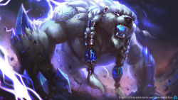 Rule 34 | 1boy, absurdres, animal, artist name, bear, claws, earrings, electricity, fangs, glowing, glowing eyes, glowing mouth, highres, jewelry, joaowbenfica, league of legends, long hair, open mouth, sharp teeth, solo, teeth, volibear, watermark, web address, white hair