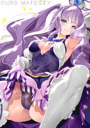Rule 34 | 1girl, aqua eyes, breasts, character name, cleavage, commentary request, cure majesty, dress, elbow gloves, ellee-chan, eyelashes, gloves, hair ornament, hamuhamu, happy, hirogaru sky! precure, long hair, looking at viewer, magical girl, medium breasts, panties, precure, purple dress, purple hair, simple background, smile, solo, thighhighs, thighs, underwear, very long hair, white background, white gloves