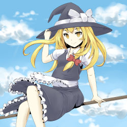 Rule 34 | 1girl, apron, bad id, bad pixiv id, blonde hair, bow, broom, broom riding, cloud, day, dress, female focus, hair bow, hat, hat tip, hebitsukai, highres, kirisame marisa, outdoors, sidesaddle, sitting, sky, smile, solo, touhou, witch, witch hat, yellow eyes
