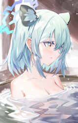 Rule 34 | 1girl, animal ears, bathing, blue archive, breasts, cleavage, collarbone, commentary request, hair between eyes, highres, light green hair, looking to the side, medium breasts, nude, onsen, parted lips, partially submerged, ryoma (rym 369), shigure (blue archive), short hair, snow, snowing, solo, thick eyelashes, upper body, water, weasel ears
