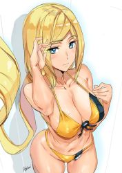 Rule 34 | 1girl, 3:, artist name, ashiomi masato, bikini, blonde hair, blue eyes, blush, breasts, cleavage, closed mouth, collarbone, foreshortening, from above, guilty gear, guilty gear xrd, tucking hair, halterneck, highleg, highleg bikini, large breasts, long hair, millia rage, navel, solo, swimsuit, very long hair, yellow bikini