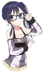 Rule 34 | 10s, 1girl, adjusting eyewear, arm up, bad id, bad twitter id, blue-framed eyewear, blue eyes, blue hair, blush, book, breasts, cleavage, collarbone, glasses, highres, holding, holding book, imai midori, kurut, kurutsu, large breasts, looking at viewer, matching hair/eyes, off shoulder, shirobako, shirt, side ponytail, simple background, smile, solo, striped clothes, striped shirt, upper body, vertical-striped clothes, vertical-striped shirt, white background