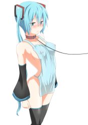 Rule 34 | apron, aqua eyes, aqua hair, bdsm, blush, breasts, collar, covered erect nipples, detached sleeves, hatsune miku, highres, jack dempa, leash, pussy juice, simple background, standing, thighhighs, twintails, vocaloid, white background