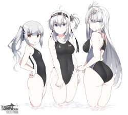 Rule 34 | 3girls, anchor symbol, ass, bare arms, bare legs, bare shoulders, black headband, black one-piece swimsuit, blue eyes, breasts, brown eyes, closed mouth, clothes writing, competition swimsuit, cowboy shot, flat chest, fuyutsuki (kancolle), grey eyes, grey hair, groin, hachimaki, hair between eyes, headband, kantai collection, kasumi (kancolle), long hair, medium breasts, multiple girls, one-piece swimsuit, one side up, open mouth, shigino sohuzi, side ponytail, simple background, smile, suzutsuki (kancolle), swimsuit, white background, white hair, white headband