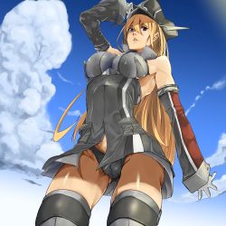 Rule 34 | 10s, 1girl, arm up, bad id, bad pixiv id, bare shoulders, bismarck (kancolle), black panties, blonde hair, blue eyes, breasts, cameltoe, cloud, cowboy shot, day, detached sleeves, female focus, grey thighhighs, hat, highres, impossible clothes, kantai collection, kiyomasa f, large breasts, long hair, looking at viewer, panties, pantyshot, parted lips, peaked cap, sitting, sky, solo, thighhighs, underwear, very long hair