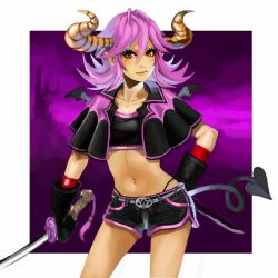 Rule 34 | 1girl, arm behind back, bad id, bad pixiv id, breasts, cloak, cowboy shot, demon girl, demon tail, eyelashes, hip focus, horns, itou youichi, katana, legs, midriff, mole, mole under eye, oni, original, outside border, panties, pink hair, pink theme, pointy ears, red eyes, shorts, small breasts, solo, sports bra, sword, tail, thong, underwear, v-shaped eyebrows, weapon, wings, yoichi soh