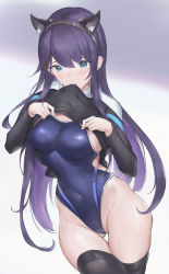 Rule 34 | 1girl, animal ear fluff, animal ears, black hair, black shirt, black thighhighs, blouse, blue eyes, blue gemstone, blue one-piece swimsuit, cat ears, clothes in mouth, commentary request, commission, competition school swimsuit, covered navel, cowboy shot, embarrassed, gem, grey background, hair between eyes, half-closed eyes, highres, legs together, lifting own clothes, long hair, long sleeves, looking at viewer, mouth hold, narrow waist, one-piece swimsuit, original, parfaitlate, school swimsuit, shirt, shirt in mouth, simple background, solo, standing, swimsuit, swimsuit under clothes, thighhighs, very long hair, white background