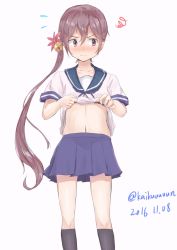 Rule 34 | 10s, 1girl, 2016, :|, akebono (kancolle), artist name, bell, black socks, blouse, blue sailor collar, blue skirt, closed mouth, clothes lift, commentary request, dated, embarrassed, flower, flying sweatdrops, hair bell, hair between eyes, hair flower, hair ornament, highres, jingle bell, kantai collection, kei201107, kneehighs, lifting own clothes, long hair, looking to the side, navel, pleated skirt, purple eyes, purple hair, sailor collar, school uniform, serafuku, shirt, shirt lift, short sleeves, skirt, socks, solo, squiggle, standing, twitter username, very long hair, white shirt