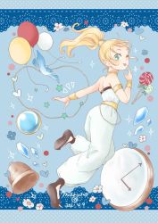 Rule 34 | 1girl, balloon, bare shoulders, bird, blonde hair, candy, choker, chrono trigger, clock, food, full body, green eyes, highres, jewelry, lollipop, long hair, looking at viewer, marle (chrono trigger), maruno, necklace, ponytail, smile, solo