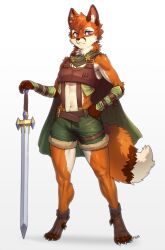 Rule 34 | 1girl, :&lt;, absurdres, animal ear fluff, animal ears, animal feet, animal hands, animal nose, arm warmers, armor, artist name, bare shoulders, belt, blue gemstone, body fur, breastplate, brown fur, brown socks, cape, claws, closed mouth, commission, female focus, flat chest, fox ears, fox girl, fox tail, full body, fur-trimmed shorts, fur trim, furry, furry female, gem, gradient background, green cape, green shorts, hand on hilt, hand on own hip, hand up, highres, holding, holding sword, holding weapon, legs, looking at viewer, midriff, multicolored fur, navel, orange fur, orange hair, original, pawpads, pgm300, pocket, purple eyes, shiny skin, short hair, short shorts, shorts, signature, simple background, snout, socks, solo, standing, stomach, suspender shorts, suspenders, sword, tail, thighs, toeless legwear, weapon, white background, white fur