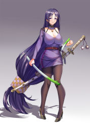 Rule 34 | 1girl, absurdly long hair, alternate costume, black footwear, black pantyhose, breasts, commentary request, dress, fate/grand order, fate (series), food, full body, high heels, highres, holding, holding food, holding spring onion, holding vegetable, katana, large breasts, long hair, long sleeves, low-tied long hair, minamoto no raikou (fate), pantyhose, purple dress, purple eyes, purple hair, ryuuzouji usagi, scabbard, sheath, sheathed, short dress, solo, spring onion, standing, sword, vegetable, very long hair, weapon