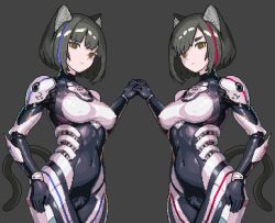 Rule 34 | animal ears, black hair, bob cut, bodysuit, cameltoe, cat ears, cat tail, holding hands, humanoid robot, interlocked fingers, joints, jun(my dystopian robot girlfriend), mechanical arms, mechanical legs, my dystopian robot girlfriend, robot, robot girl, robot joints, tail, tattoo on belly
