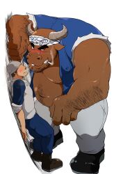 Rule 34 | 2boys, against wall, animal ears, arm hair, bara, bare pectorals, beard stubble, big belly, blush, boots, brown fur, cow ears, cow horns, crotch grab, faceless, faceless male, facial hair, fat, fat man, fisherman, from above, furry, furry male, furry with non-furry, headband, highres, horns, interspecies, kabedon, large hands, male focus, mature male, minotaur, multiple boys, muscular, muscular male, navel, navel hair, nipples, open clothes, open shirt, original, otsukimi, pectorals, seductive smile, shirt, short hair, sideburns, size difference, smile, steam from nose, stomach, stubble, thick arms, thick eyebrows, torn clothes, torn shirt, torn sleeves