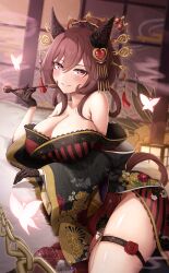 Rule 34 | 1girl, absurdres, animal ears, bare shoulders, black gloves, black kimono, breasts, brown hair, cleavage, ear covers, floral print, floral print kimono, gentildonna (umamusume), gloves, highres, holding, holding smoking pipe, horse ears, horse girl, horse tail, indoors, japanese clothes, kimono, looking at viewer, red eyes, shinonome (shinonome rynn), smile, smoking pipe, solo, tail, thighs, umamusume, wide sleeves
