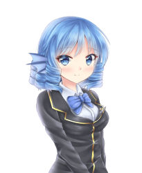 Rule 34 | 1girl, akiteru (akiteru98), black jacket, blue bow, blue bowtie, blue eyes, blue hair, blush, bow, bowtie, closed mouth, collared shirt, drill hair, fins, head fins, highres, jacket, looking at viewer, shirt, short hair, simple background, smile, solo, touhou, upper body, wakasagihime, white background, wing collar