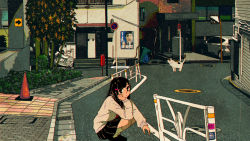 Rule 34 | 1girl, :x, ankle socks, arrow (symbol), awakumo, between fingers, black eyes, black footwear, black hair, black sailor collar, black skirt, building, calico, car, cat, cigarette, closed mouth, commentary, door, english commentary, eye of providence, film grain, foliage, grate, grey sweater, hair ornament, hairclip, halo, hand on own cheek, hand on own face, hand up, highres, holding, holding cigarette, house, industrial pipe, loafers, long hair, long sleeves, looking at viewer, manhole cover, mixed-language commentary, motor vehicle, neckerchief, no parking sign, original, outdoors, pavement, pleated skirt, poster (object), railing, red neckerchief, road, road sign, sailor collar, sewer grate, shoes, sign, skirt, socks, solo, squatting, stairs, storm drain, street, sweater, town, traffic cone, traffic mirror, tree, white cat, white socks, wide shot