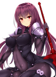 Rule 34 | 1girl, absurdres, armor, bodysuit, breasts, covered navel, covered erect nipples, fate/grand order, fate (series), gae bolg (fate), highres, holding, holding weapon, large breasts, long hair, looking at viewer, mitsukazu (nijigen complex), pauldrons, polearm, purple bodysuit, purple hair, red eyes, scathach (fate), scathach (fate), shoulder armor, simple background, skin tight, solo, spear, weapon, white background