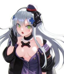 Rule 34 | 1girl, absurdres, bare shoulders, black gloves, black jacket, black ribbon, blunt bangs, breasts, collarbone, egk513, eyes visible through hair, facial mark, floating hair, foreshortening, german flag, girls&#039; frontline, gloves, green eyes, hair ornament, hand up, hat, headgear, highres, hk416 (girls&#039; frontline), hk416 (mod3) (girls&#039; frontline), huge filesize, jacket, long hair, looking at viewer, medium breasts, mod3 (girls&#039; frontline), no bra, off-shoulder jacket, off shoulder, open mouth, puffy short sleeves, puffy sleeves, ribbon, round teeth, shiny skin, short sleeves, silver hair, simple background, solo, teardrop, teeth, tongue, torn clothes, upper body, white background