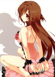 Rule 34 | 1girl, absurdres, arms behind back, ass, back, barefoot, blush, breasts, brown eyes, brown hair, deliverer!, feet, frills, highres, large breasts, lingerie, long hair, looking back, negligee, sideboob, sitting, smile, solo, takanae kyourin, underwear, wariza, yufu asuka