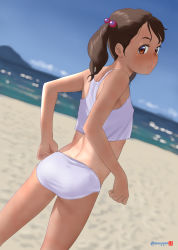 Rule 34 | 1girl, ass, beach, blue sky, blurry, blurry background, breasts, brown eyes, brown hair, camisole, cloud, commentary request, cowboy shot, day, dutch angle, female focus, from behind, hair bobbles, hair ornament, highres, lifted by self, long hair, looking at viewer, looking back, midriff, mu-pyon, original, outdoors, panties, sky, small breasts, solo, standing, tan, twintails, underwear, underwear only, white camisole