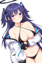 Rule 34 | 1girl, bare shoulders, bikini, black bikini, black gloves, blue archive, blue eyes, blue hair, blush, breasts, cleavage, collarbone, gloves, hair ornament, halo, highres, horosuke, jacket, large breasts, long hair, long sleeves, looking at viewer, navel, off shoulder, open clothes, open jacket, open mouth, revision, sidelocks, simple background, solo, sweat, swimsuit, two side up, white background, white jacket, yuuka (blue archive)