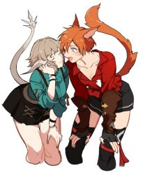 Rule 34 | 2girls, :d, animal ears, aqua shirt, au ra, black gloves, black skirt, black thighhighs, blue eyes, bracelet, breasts, cat ears, cat girl, cat tail, cleavage, closed eyes, collarbone, collared shirt, commentary, cropped legs, dragon girl, dragon horns, dragon tail, face-to-face, facial mark, feet out of frame, final fantasy, final fantasy xiv, fingerless gloves, gloves, hand in own hair, hand on own knee, hands on own knees, highres, horns, jewelry, jionghai, leaning forward, light brown hair, looking at another, medium breasts, miqo&#039;te, multiple girls, open mouth, orange hair, red shirt, scales, shirt, short hair, simple background, skirt, small breasts, smile, standing, suspender skirt, suspenders, symbol-only commentary, tail, tail raised, thighhighs, warrior of light (ff14), white background