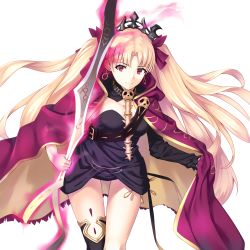 Rule 34 | 1girl, black dress, black sleeves, black thighhighs, blonde hair, bow, cape, closed mouth, diadem, dress, earrings, enchuu, ereshkigal (fate), fate/grand order, fate (series), floating hair, hair bow, hair intakes, highres, holding, holding sword, holding weapon, jewelry, long hair, long sleeves, looking at viewer, red bow, red cape, red eyes, short dress, simple background, single sleeve, single thighhigh, smile, solo, standing, strapless, strapless dress, sword, thighhighs, very long hair, weapon, white background