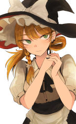 Rule 34 | 1girl, alternate eye color, alternate hairstyle, apron, black dress, black hat, black nails, black neckwear, blonde hair, bow, braid, dress, earrings, fingernails, green eyes, hair bow, hands up, hat, hat bow, highres, jewelry, kirisame marisa, long fingernails, long hair, looking at viewer, nail polish, necro (nekurodayo), own hands together, shirt, short sleeves, simple background, single braid, slit pupils, solo, touhou, upper body, waist apron, white background, white bow, white shirt, witch hat