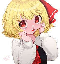 Rule 34 | 1girl, blonde hair, dated, hair ribbon, hands on own cheeks, hands on own face, highres, long sleeves, nukojinuko, open mouth, red eyes, ribbon, round teeth, rumia, shirt, short hair, signature, simple background, solo, teeth, touhou, upper body, upper teeth only, vest, white background