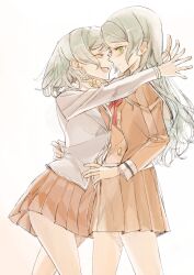 Rule 34 | 2girls, absurdres, arms around neck, bang dream!, blazer, bow, braid, brown dress, brown skirt, closed eyes, commentary request, dress, green eyes, grey jacket, hair bow, hand on another&#039;s waist, highres, hikawa hina, hikawa sayo, imminent kiss, incest, jacket, junjun (kimi-la), long hair, long sleeves, medium hair, multiple girls, neck ribbon, open mouth, pleated dress, pleated skirt, red ribbon, ribbon, siblings, sisters, skirt, twincest, twins, white background, yuri